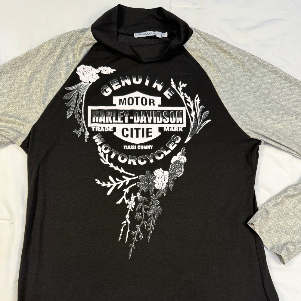 Misslook Harley Davidson Graphic Raglan Long Sleeve Mock‎ Neck Top Black Grey M